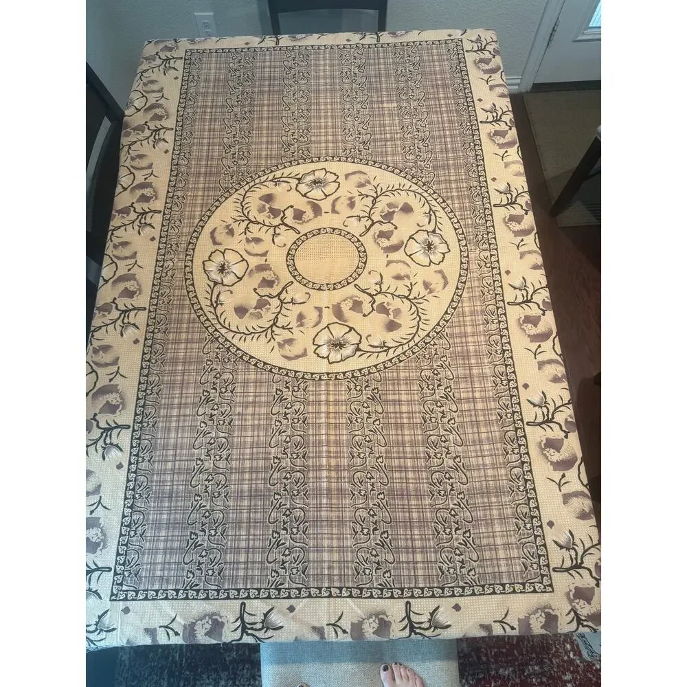 Vintage Floral Cotton Tablecloth 57x76 Farmhouse Cottage French Country Beige